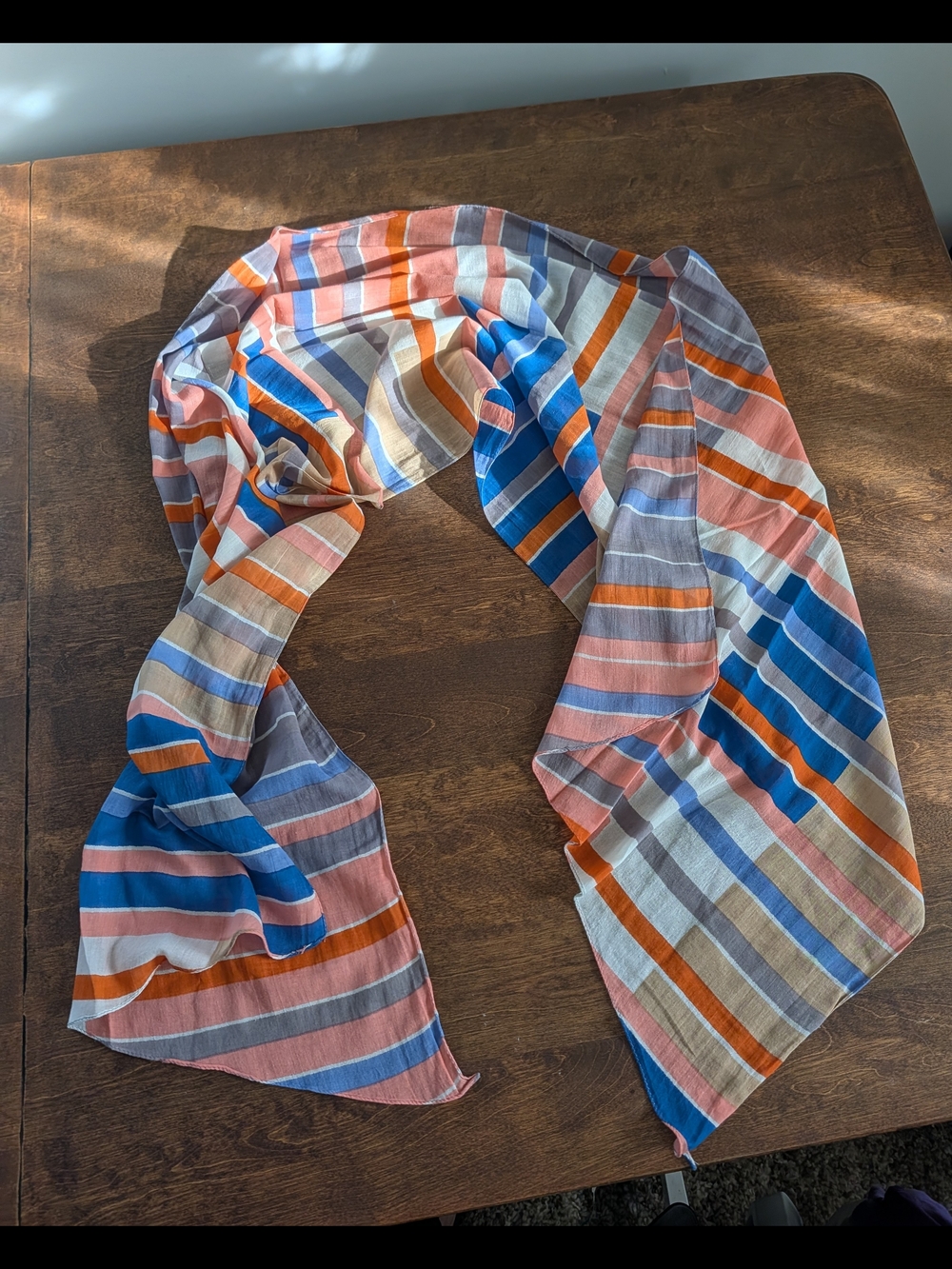 Lightweight Striped Scarf in Blue, Pink, Tan, Gray & Orange